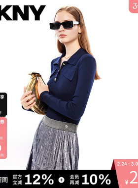 【含羊毛】DKNY唐可娜儿春季针织衫女装半开襟翻领修身竖条纹简约