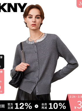 【含羊毛】DKNY唐可娜儿针织开衫女复古圆领简约亮片装饰正肩时尚