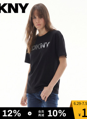 DKNY唐可娜儿26夏季新款印花烫钻短袖T恤女圆领套头上衣黑色休闲