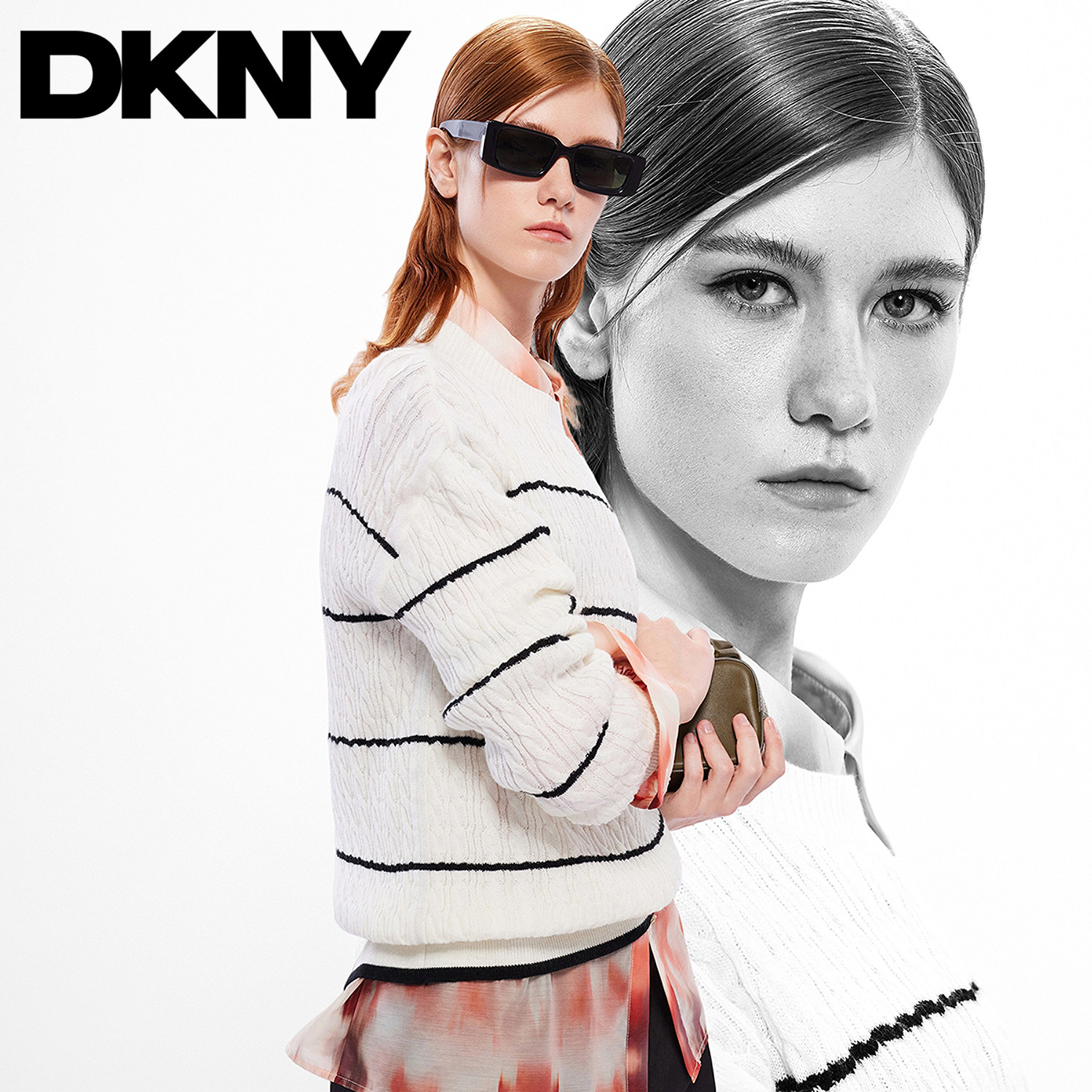 DKNY唐可娜儿春季款女装上衣时尚条纹立体麻花条纹落肩套头针织衫