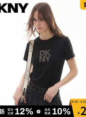 DKNY唐可娜儿26夏季新款短袖T恤女烫钻圆领黑色简约套头上衣休闲