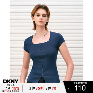 唐可娜儿春季 方领纽扣装 DKNY 女纯色修身 饰下摆开叉短袖 针织衫