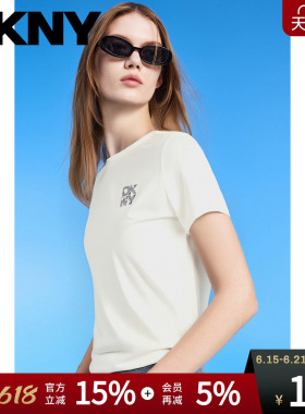【100%棉】DKNY唐可娜儿夏季短袖T恤女圆领白色百搭上衣字母亮片