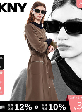 DKNY唐可娜儿秋冬女装时尚通勤复古风工装拉链口袋系带衬衫连衣裙