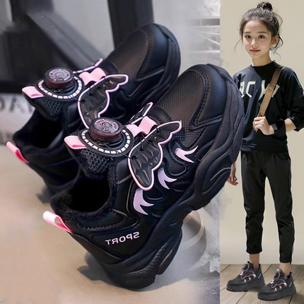 耐脏女童鞋子2025新款夏季防滑女孩跑步老爹鞋黑色爆款儿童运动鞋