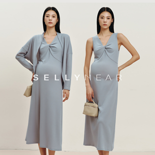 SELLYNEAR孕妇套装春季新款时尚洋气扭结V领针织连衣裙开衫两件套