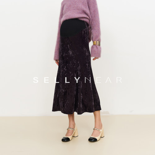 SELLYNEAR孕妇半身裙秋冬季新款时尚钻石绒可调节托腹鱼尾半裙