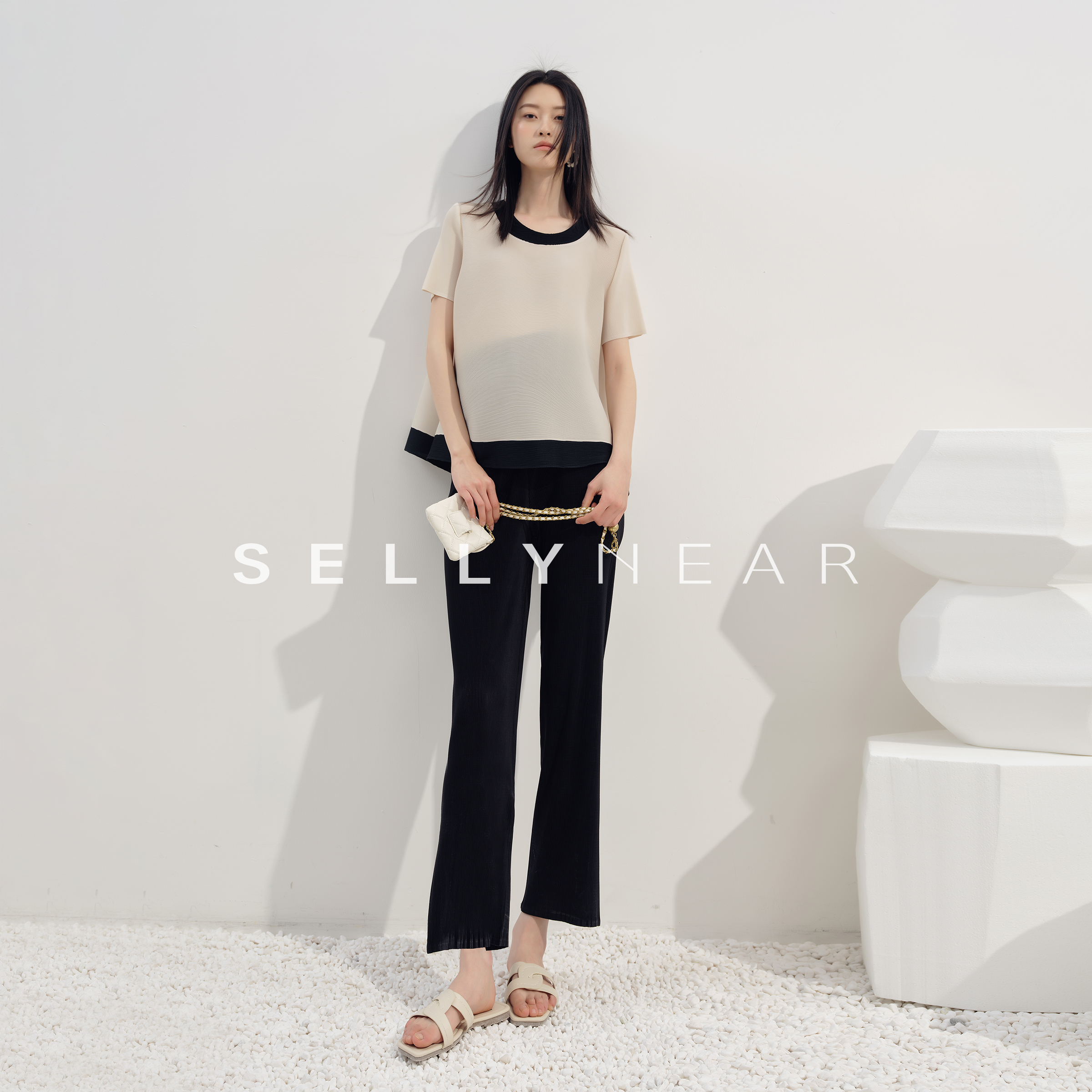 SELLYNEAR孕妇裤三宅显瘦垂感无托腹直筒裤立体褶皱洋气撞色上衣