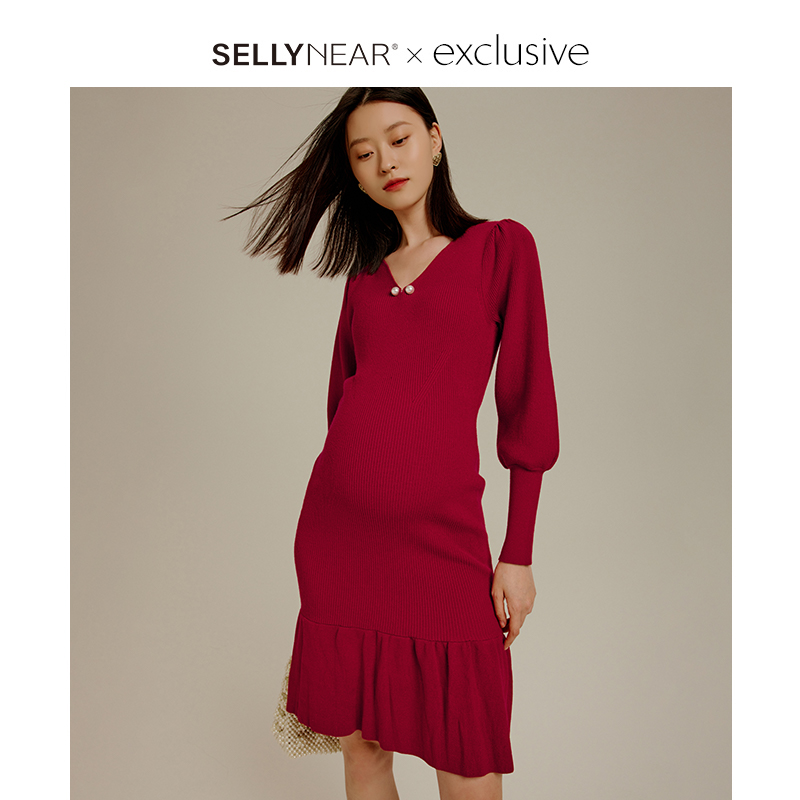 sellynear孕妇装秋冬新款正红色珍珠配饰时尚外出针织新年小红衣