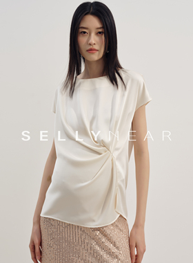 SELLYNEAR孕妇短袖t恤女夏季新款时尚圆领奶油白褶皱缎面扭结上衣