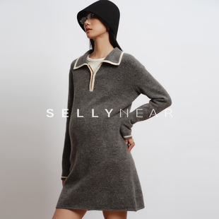 中长款 SELLYNEAR孕妇装 时尚 冬装 海军领毛衣裙子冬 连衣裙2025新款