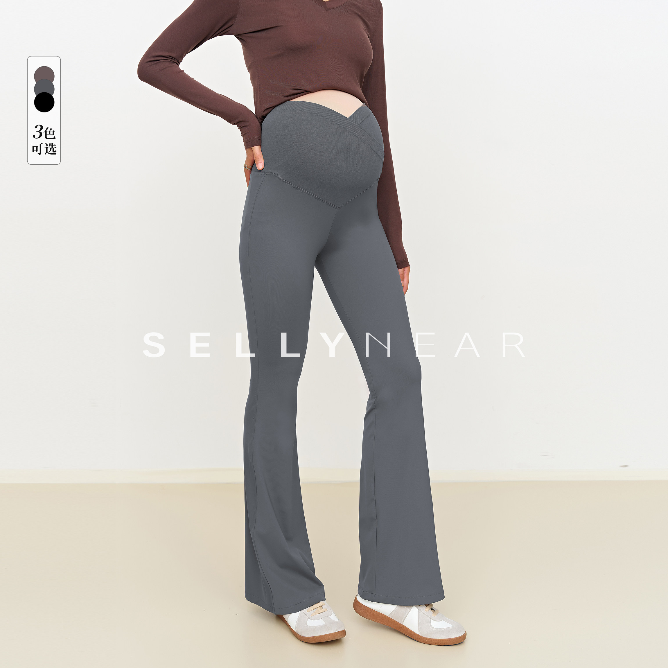 SELLYNEAR孕妇交叉腰双面裸感孕妇鲨鱼皮裤气质腿精微喇瑜伽裤