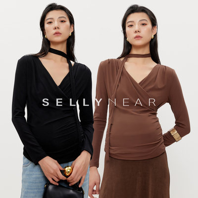 孕妇设计感交叉V领系带针织上衣