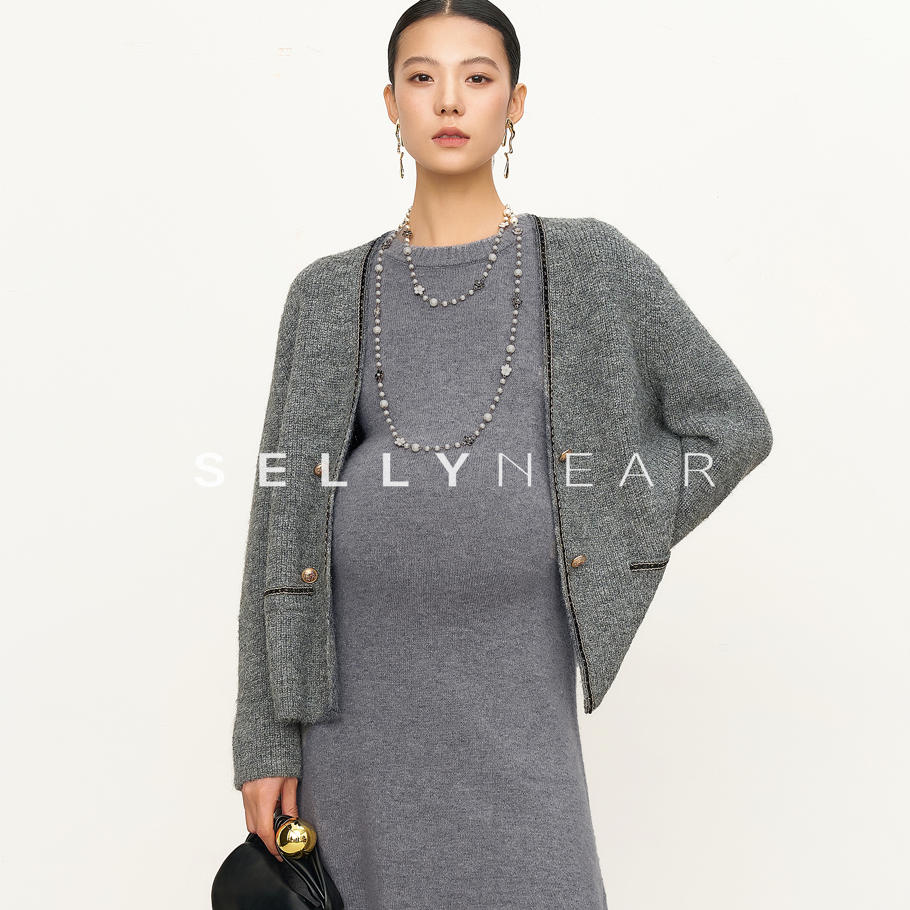 SELLYNEAR孕妇开衫外套秋冬季新款宽松轻奢撞色小香风毛织开衫