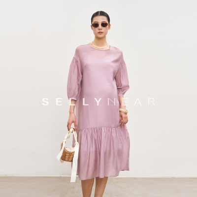 SELLYMEAR孕妇连衣裙2025新款夏季时尚紫色圆领宽松孕期连衣裙