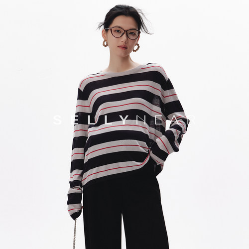 SELLYNEAR孕妇条纹上衣秋季新款时尚宽松学院风长袖孕期针织上衣