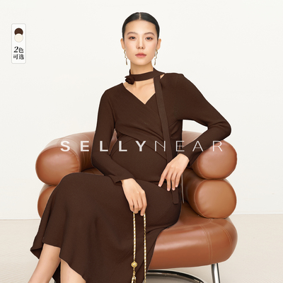SELLYNEAR孕妇装新款冬季连衣裙时尚修身法式优雅V领系带针织裙