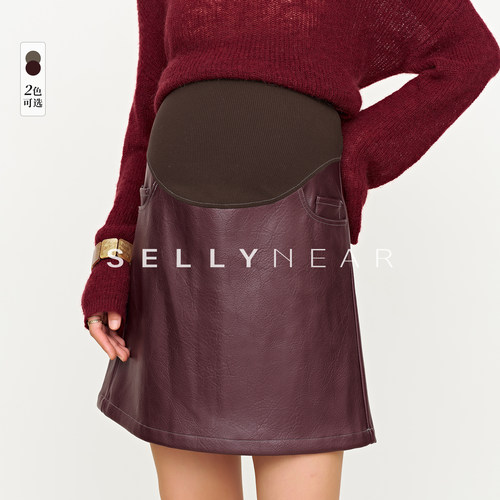 SELLYNEAR孕妇短裙春秋装新款时尚安可拉红短款小A酷飒皮半身裙