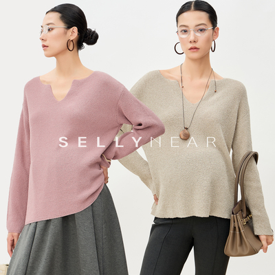 SELLYNEAR孕妇装上衣秋季2025新款时尚宽松v领长袖针织衫孕期上衣