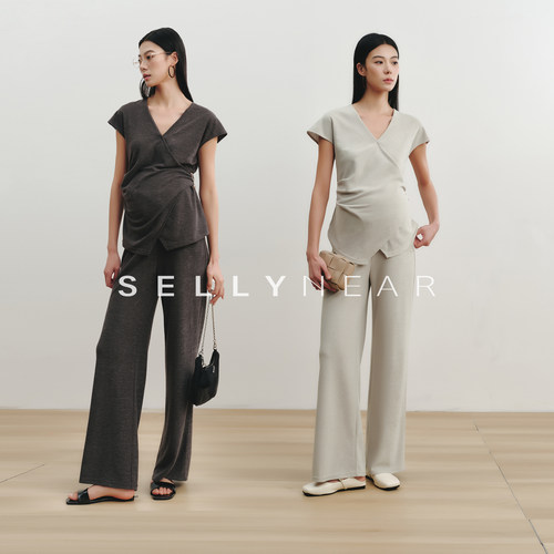 SELLYNEAR孕妇装春夏新款套装时尚宽松针织V领上衣长裤外穿两件套