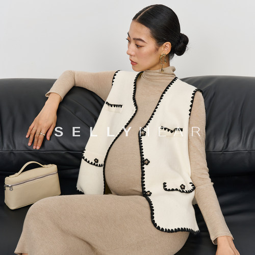 SELLYNEAR孕妇装秋季新款外套时尚法式优雅撞色小香风针织马甲