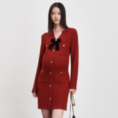 新款 SELLYNEAR孕妇装 秋冬季 连衣裙红色千金风蝴蝶结新年针织裙子