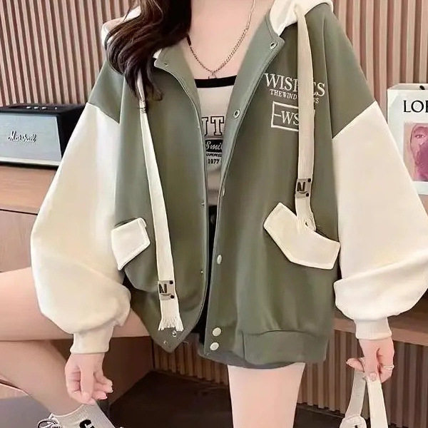 秋冬加绒款开衫棒球服外套女宽松大码女装中长款秋季撞色连
