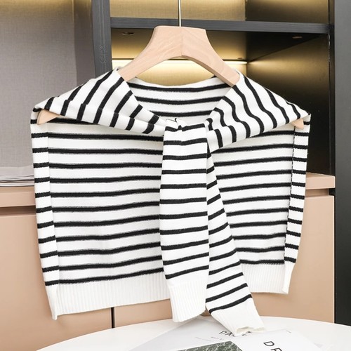 针织小披肩春秋季女外搭办公室搭坎肩毛条纹保暖假领子羊围巾空调