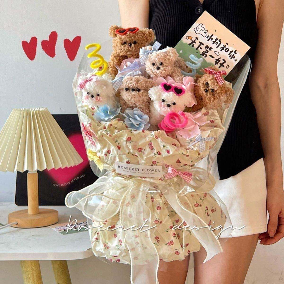 甜酷小狗花束手工扭扭棒成品生日毕业治愈系礼物送女生玩偶520