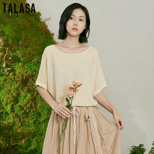 TALASA商场同款 亚麻针织短袖 T恤女2025夏新款 镂空宽松显瘦蝙蝠衫