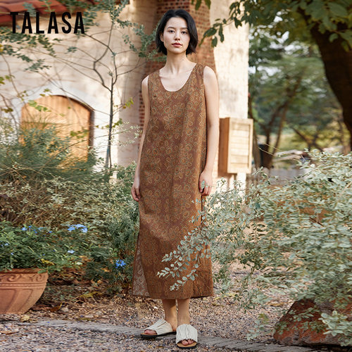 TALASA棉复古印花茧形宽松连衣裙