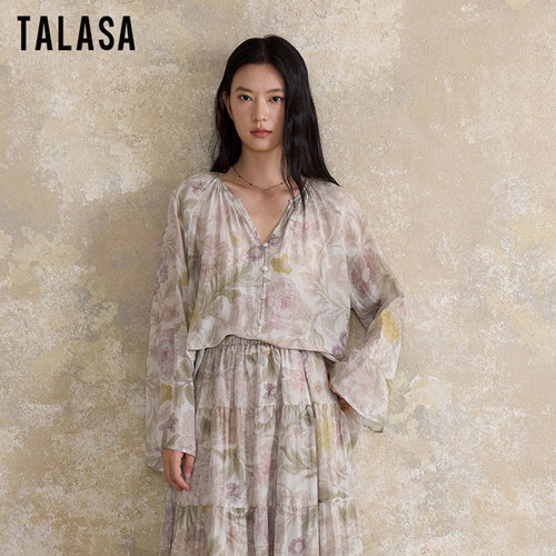 TALASA丝棉印花V领度假衬衫女