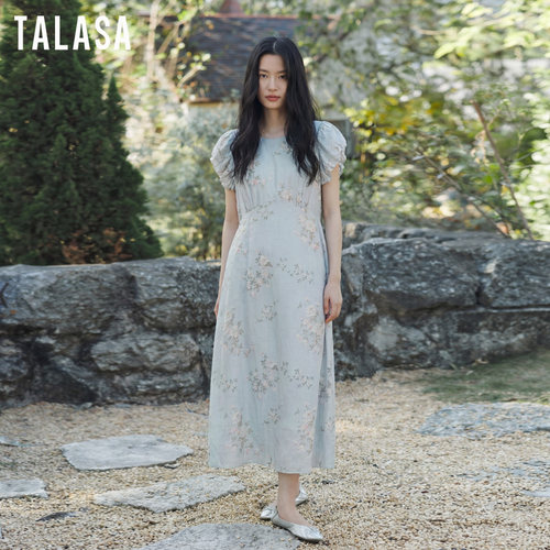 TALASA夏季丝棉印花旗袍连衣裙
