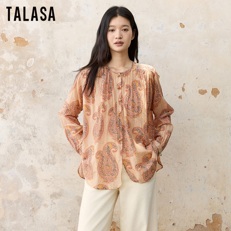 TALASA丝棉印花衬衫圆领长袖