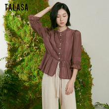 TALASA商场同款丝棉立领七分袖衬衫女2024夏新款法式复古花边设计