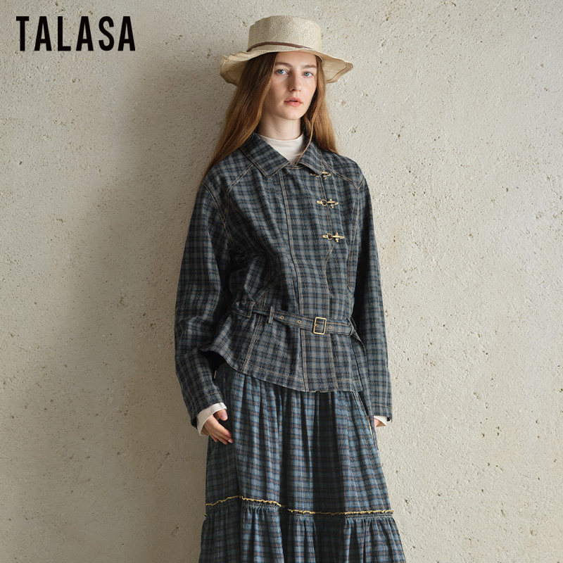 TALASA纯棉复古英伦格纹短外套女2026年秋新款腰带收腰时尚百搭
