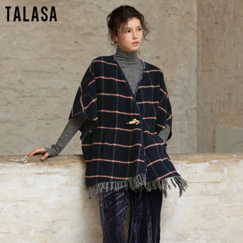 TALASA羊毛格子披肩流苏外套女2025年秋冬新款时尚设计感小众洋气