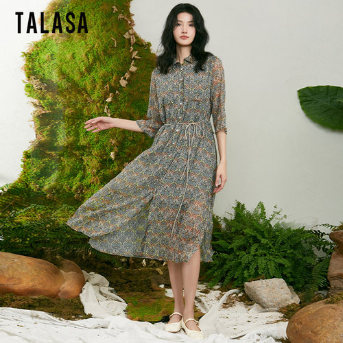 TALASA复古印花衬衫裙褶皱设计