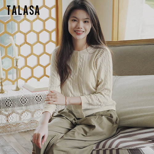 TALASA设计感修身棉麻针织衫短款