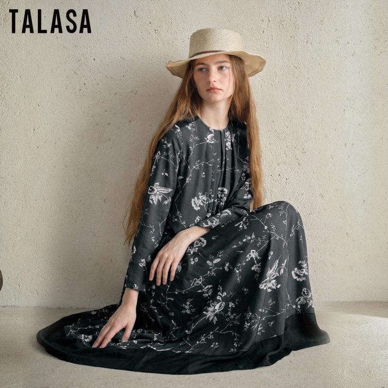 TALASA莱赛尔水墨印花压褶设计连衣裙2026冬新款拼接叠穿百搭文艺