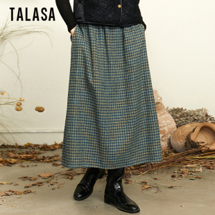 TALASA商场同款 松紧高腰复古小方格A字裙 纯棉半身裙2025年冬新款