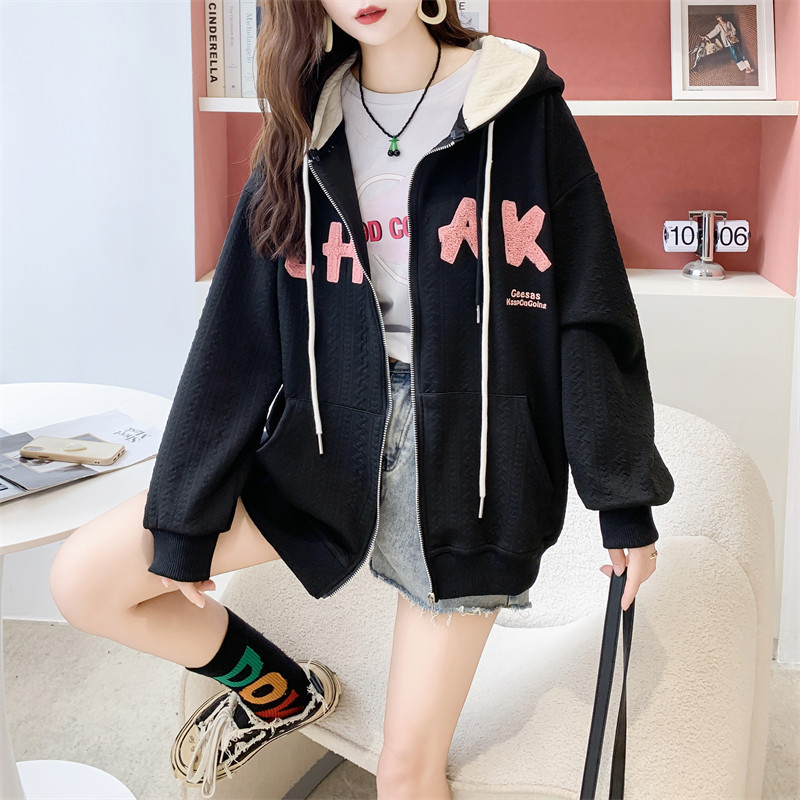 实拍 100涤 提花400克 【自有设计放心上】薄款卫衣女刺绣2023春