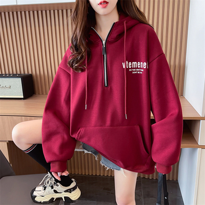 实拍 纯棉面复合超柔 加绒加厚半拉链连帽卫衣女2023新款秋冬季