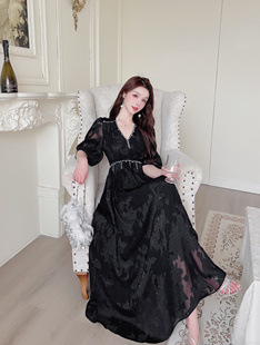 時尚 重工刺繡水晶珠超仙長裙夏 百搭顯瘦V領真絲連衣裙女2025新款