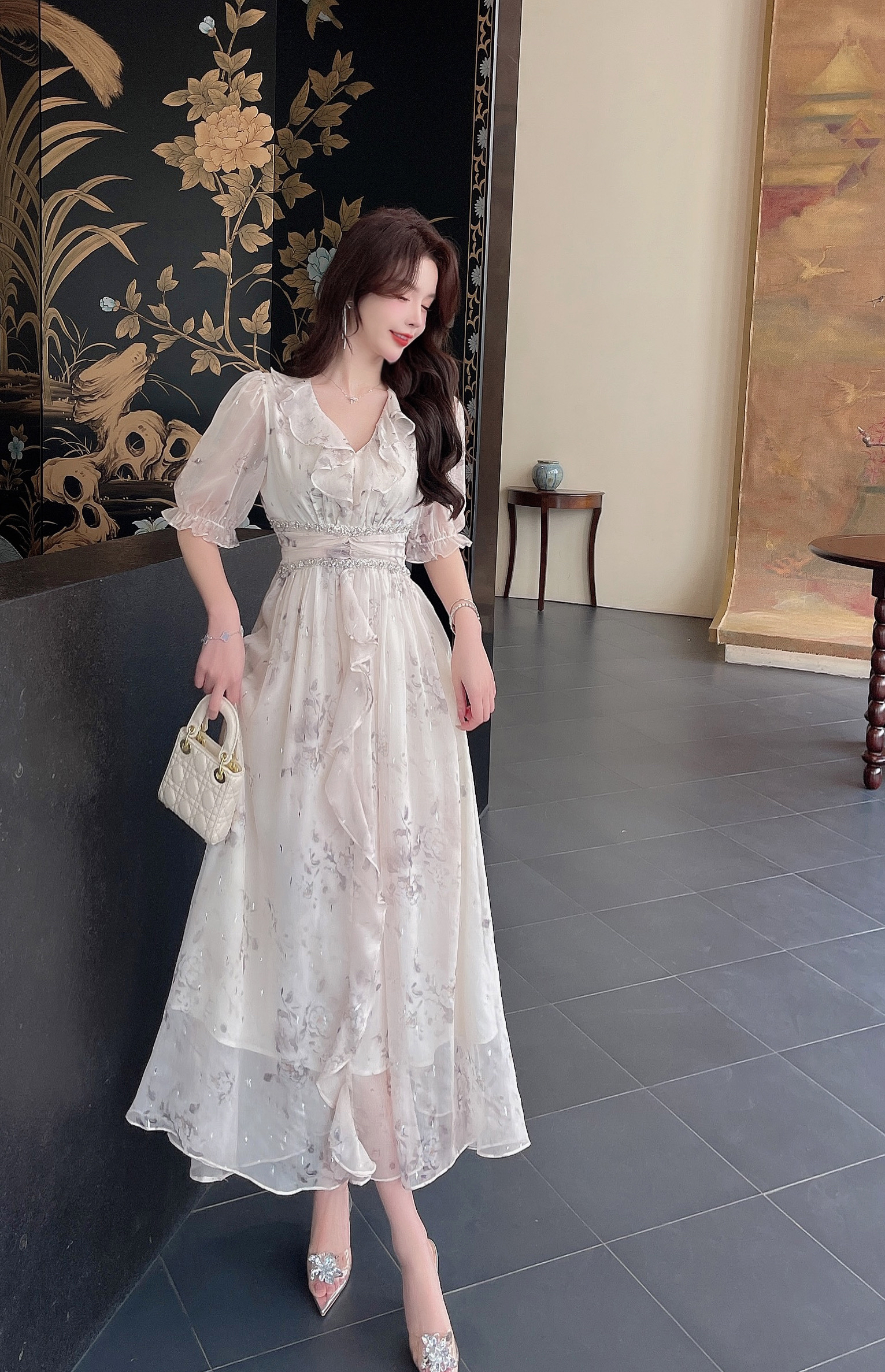真丝碎花连衣裙女夏季收腰显瘦长款2025新款洋气印花高级感长裙子