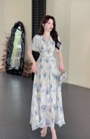 法式浪漫印花鑲鉆拼接v領(lǐng)短袖真絲連衣裙女2025夏季新款優(yōu)雅長(zhǎng)裙