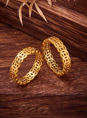 新中式八方来财镂空铜钱戒指简约