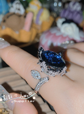 蓝刚玉花冠戒指轻奢活口指环ins