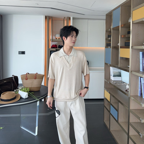 夏季假两件上衣衬衫领短袖T恤男