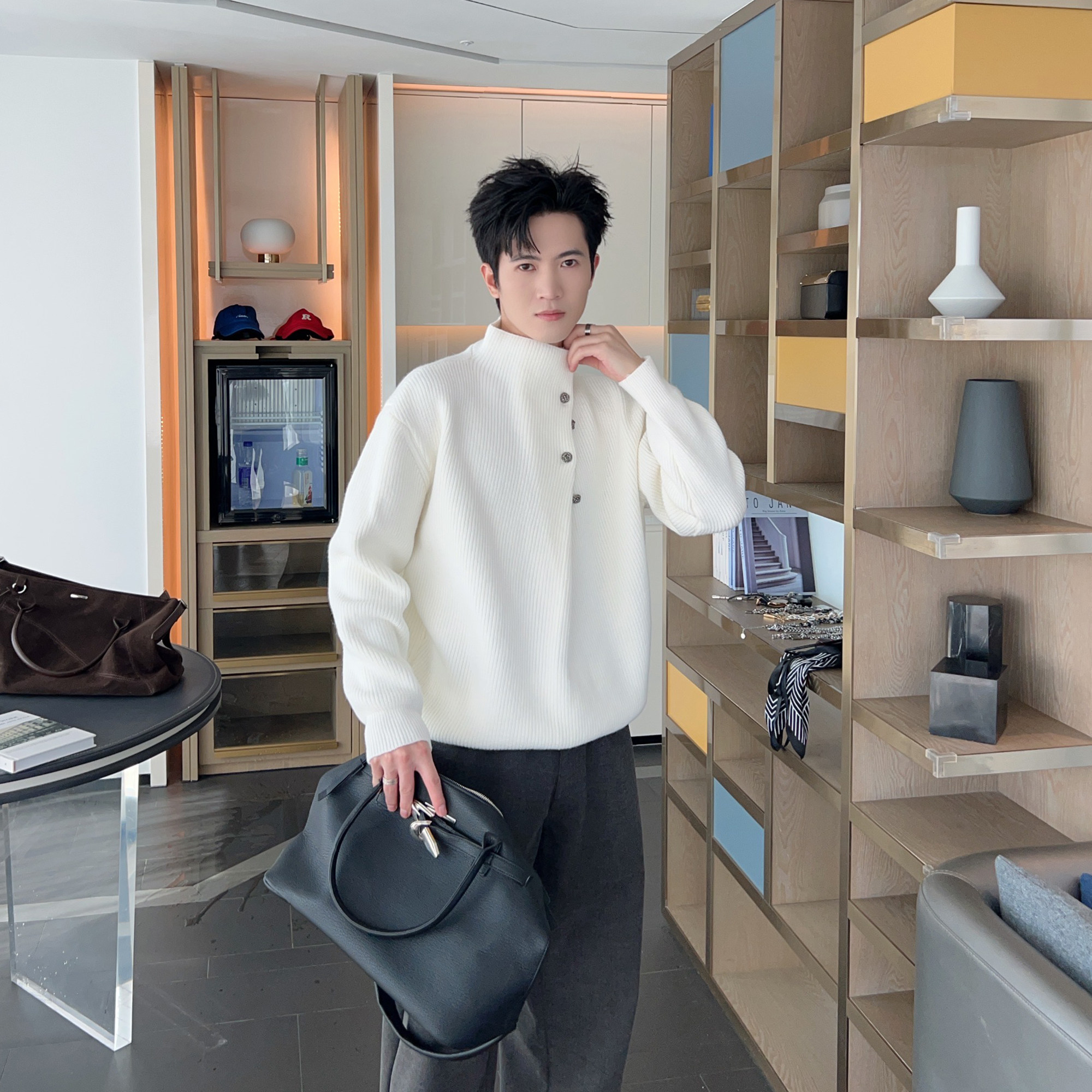 秋冬慵懒风立领不规则金属纽扣设计款毛衣针织衫男女情侣重磅毛衫,男装,针织衫/毛衣,淘宝优惠券,粉丝福利购,淘宝优惠卷